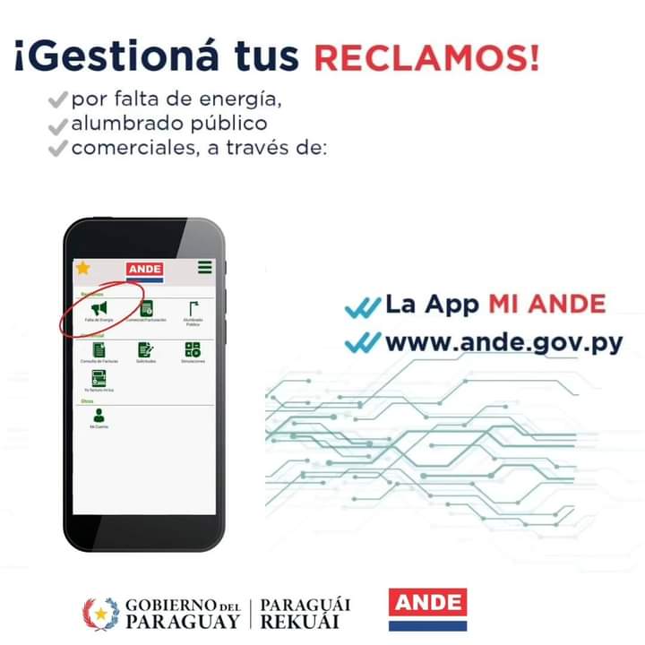 ANDEOficial's tweet photo. 📲Utilizá nuestra App Mi ANDE para gestionar tus reclamos !

Te recordamos que podés descargar la aplicación "Mi ANDE" desde cualquiera de las plataformas disponibles y aprovechar todos los servicios que tenemos para vos.
✅ Sin demoras 
✅ Sin esperas 
✅ Al instante 

Y con la misma efectividad que una llamada telefónica. 

#GobiernoDelParaguay