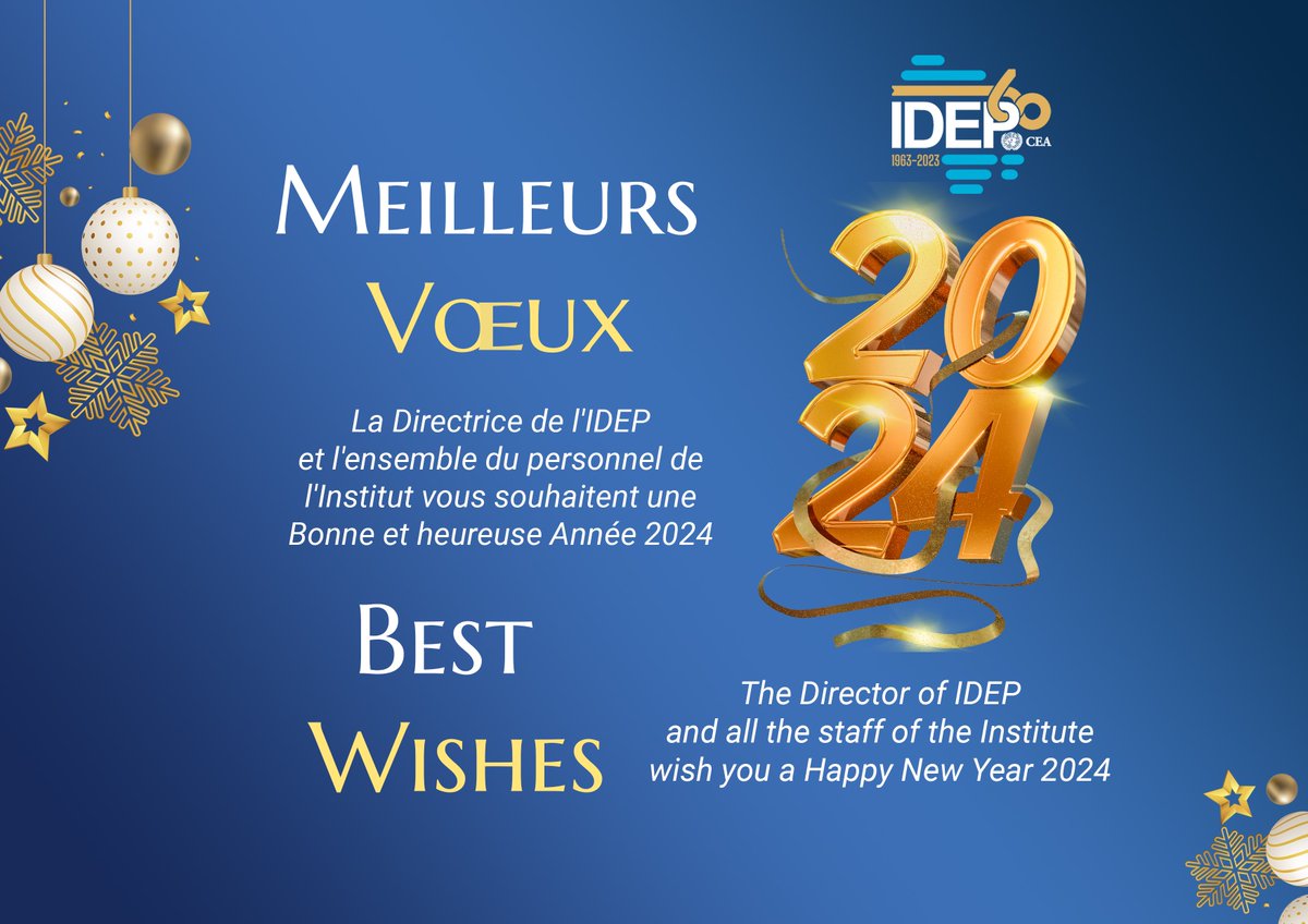 🎉Season's greetings🎉

L'Institut africain de Développement Economique &amp; de Planification vous souhaite de Joyeuses fêtes

The African Institute for Economic Development &amp; Planning wishes you a Happy Holiday Season

#JoyeuxNoël #BonneAnnée2024 #MerryChristmas #HappyNewYear2024