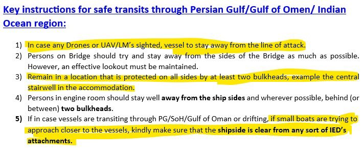 Office instructions to avoid drones /IED’s …hilarious 😆 !!! Saving grace is they did not mention the mariners iron dome I.e BMP 5

Soon @intermanager @imo will come out with their stupid guidelines !!!

#oiltanker #seafarers #mariners #MerryChristmas #attack #shipping #sailors