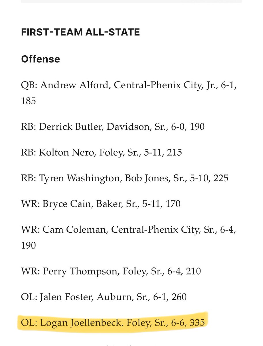 First Team All State 🏈🔥 <a href="/FoleyLionsFB/">Foley Football</a> @CoachParkerFHS <a href="/CoachJohnston2/">Gary Johnston</a>  <a href="/KoltonNero/">Kolton Nero</a> <a href="/fhsperryt1/">perry “uno” thompson</a> <a href="/GCMSportsAL/">Gulf Coast Media Sports</a> <a href="/CoachGSteele/">Gordon Steele</a> <a href="/HallTechSports1/">Hall-Tech Sports</a>