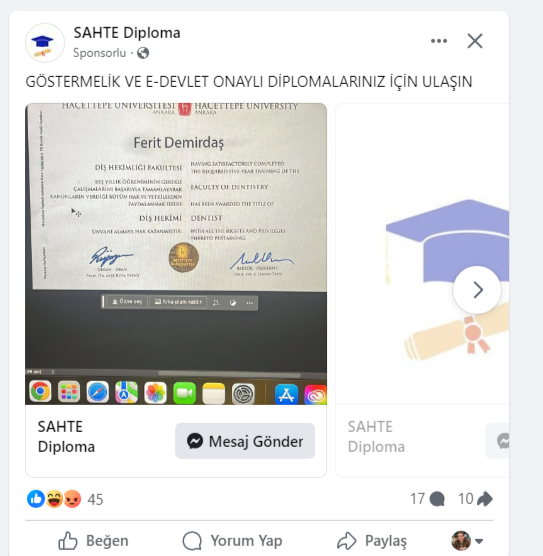 dharmapocan's tweet photo. Facebook'ta sahte diploma hazırlayan reklamlar dönüyor. Edevlet onaylı deniliyor? İnceleme yapılıyor mu? @ekapi @iletisim @Hacettepe1967 
https://t.co/bS6uNJBR2K https://t.co/tPiyflF9yU