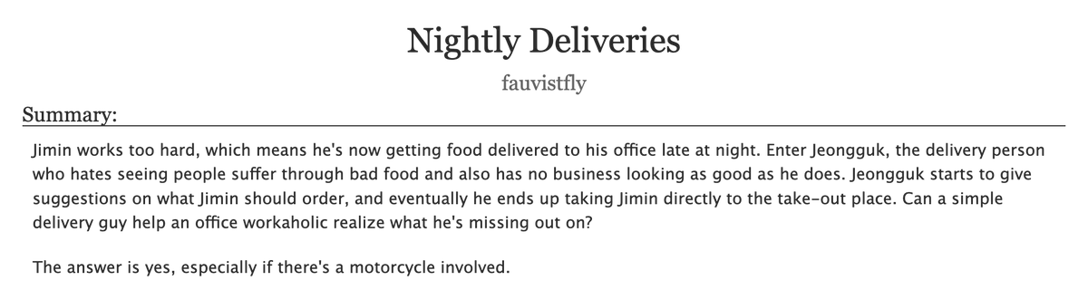 fauvistfly's tweet photo. Nightly Deliveries

💜 #jikook 
💜 strangers to lovers
💜 overworked jm and delivery guy jk
💜 for @jim_jiii 
💜 5.6k for @kmsecretsanta #jikooksecretsanta23
💜 https://t.co/Wp0ZaI4v50 https://t.co/AwCtNRS7X1