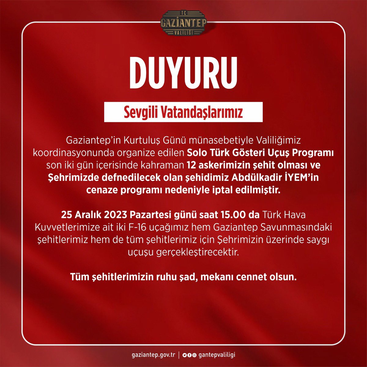 gantepvaliligi's tweet photo. Vatandaşlarımızın Dikkatine ❗️

Aziz Şehitlerimizin mekanı Cennet, makamı Âli Olsun 🇹🇷

@kemalcebervali https://t.co/QQ87FD2yVR