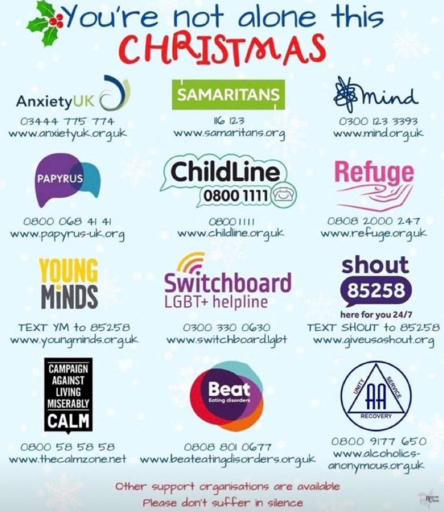 This time of year can be difficult but you don’t need to go through it alone. Join in on the #JoinIn tag as much you can, talk to others.
There  are also services who can help.
Our DM’s are also open 🎄🤶