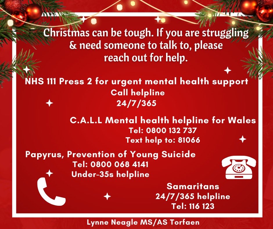 Wishing everyone a Happy Christmas.If u are struggling pls reach out. The first 2👇are for residents of Wales but ⁦<a href="/samaritans/">Samaritans</a>⁩ &amp; ⁦<a href="/PAPYRUS_Charity/">PAPYRUS</a>⁩ HOPELINE247 are 24/7 too. Huge thanks to those staffing these helplines over Christmas &amp; every day.