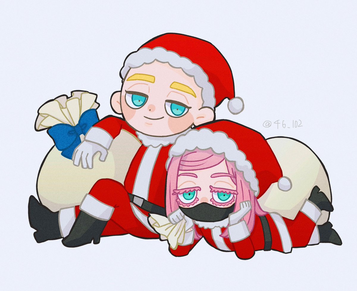 santa hat hat 1boy pink hair 1girl gloves blonde hair  illustration images