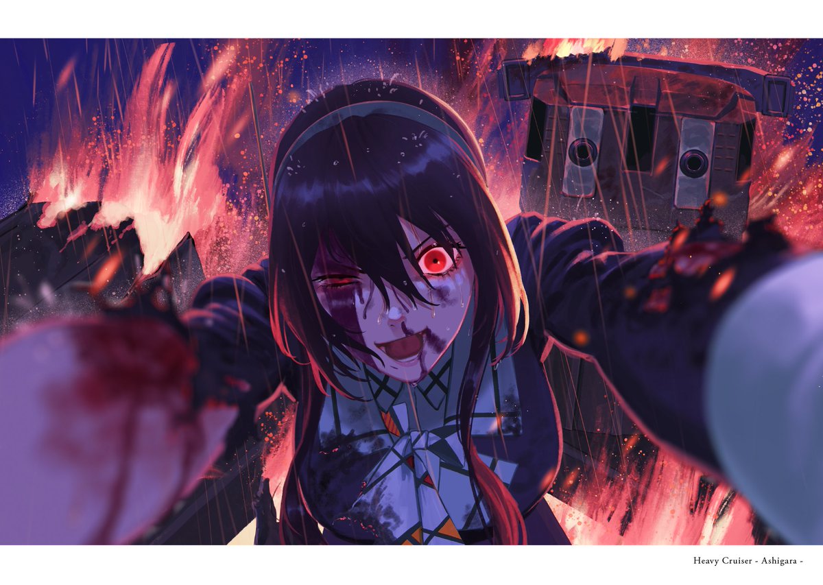 ashigara (kancolle) 1girl blood long hair red eyes hairband blood on face rain  illustration images