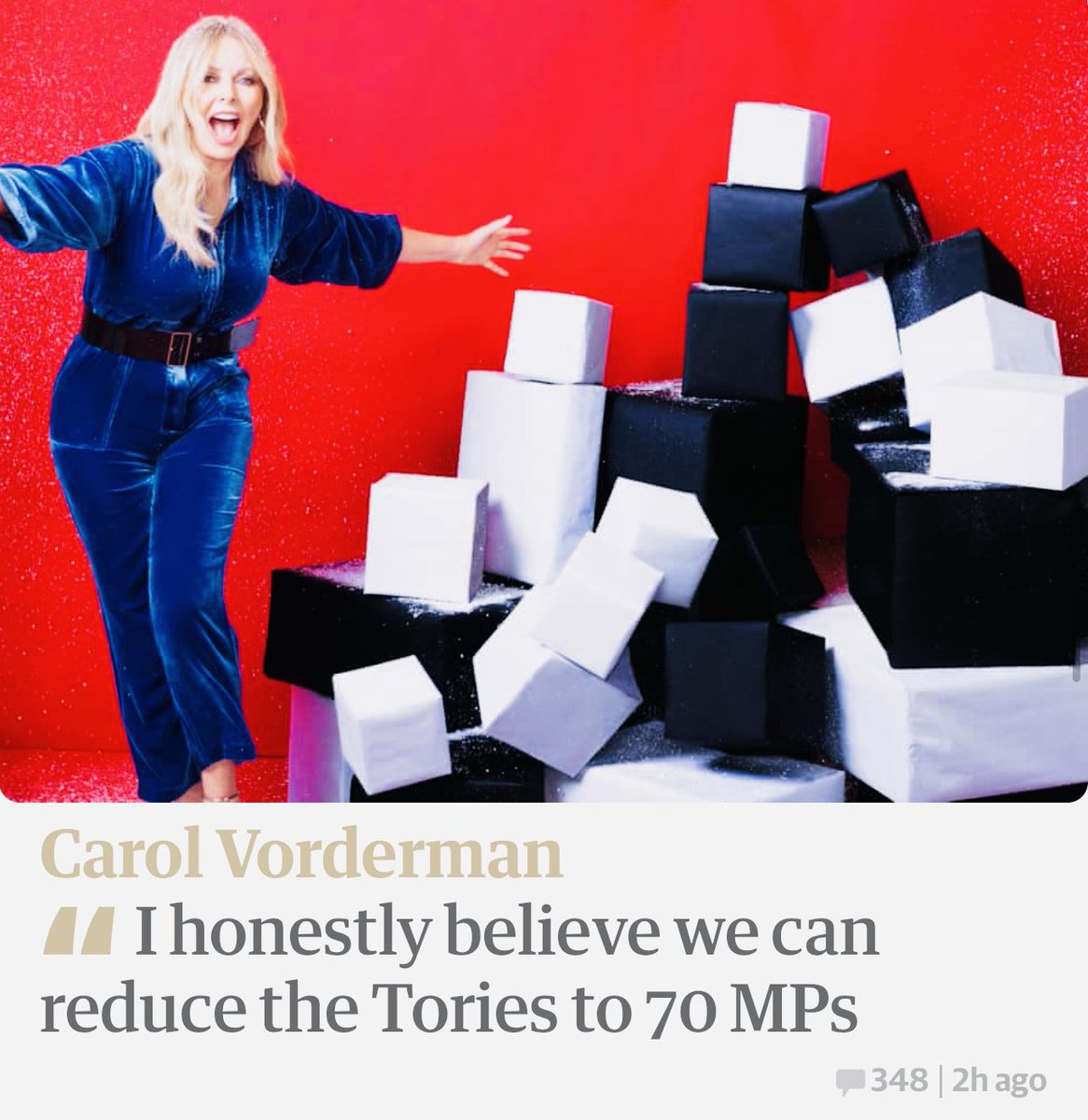 Carol Vorderman (@carolvorders) on Twitter photo "I honestly believe we can reduce the Tories to 70 MPs with tactical voting. Their lowest in history. It's what they deserve."
Today's <a href="/guardian/">The Guardian</a> <a href="/ObsNewReview/">The Observer New Review</a> article. Thank you <a href="/TimLewi5/">Tim Lewis</a>
Lots of puzzle chat too
BTW Proportional Rep is the goal 👍🏼❤️
theguardian.com/culture/2023/d… "I honestly believe we can reduce the Tories to 70 MPs with tactical voting. Their lowest in history. It's what they deserve."
Today's <a href="/guardian/">The Guardian</a> <a href="/ObsNewReview/">The Observer New Review</a> article. Thank you <a href="/TimLewi5/">Tim Lewis</a>
Lots of puzzle chat too
BTW Proportional Rep is the goal 👍🏼❤️
theguardian.com/culture/2023/d…