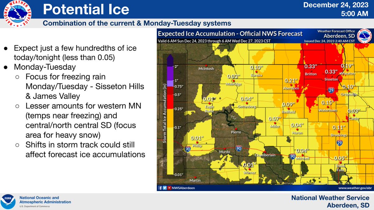 NWSAberdeen's tweet photo. (1 of 2) minor winter weather related travel impacts today, with generally light snow totaling 1-3 inches in central South Dakota, less than an inch elsewhere. Winds will be on the increase to around 30-40mph. Cant rule out some light icing as well #SDWX https://t.co/WNwa3NkdVQ