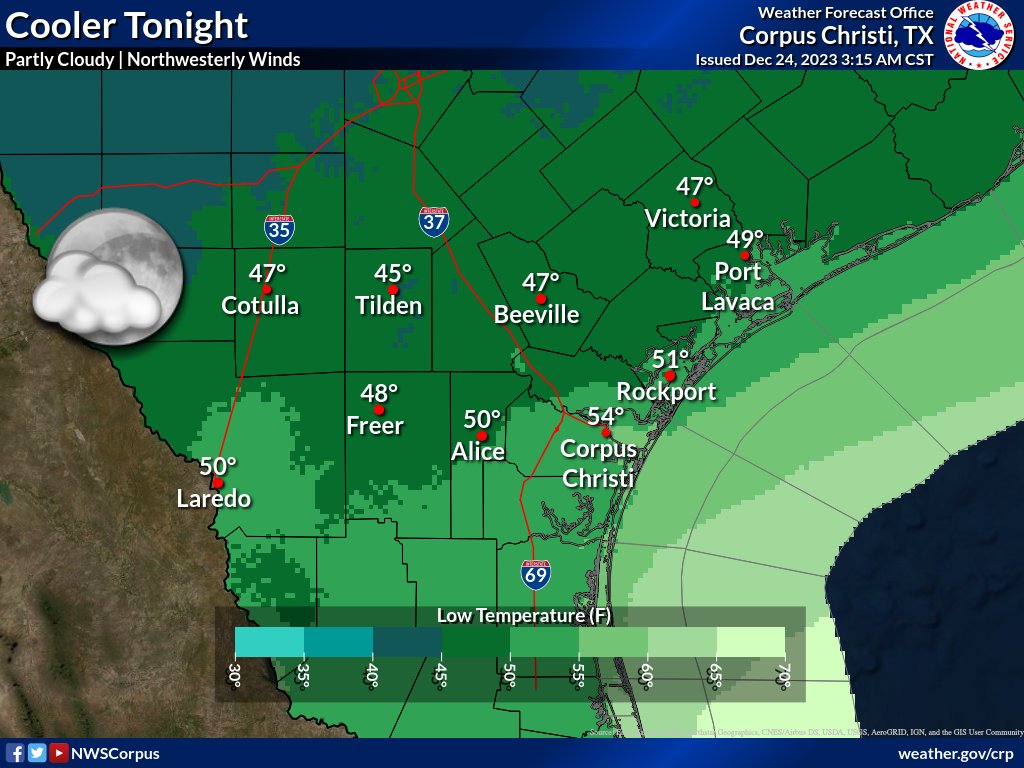 Showers/thunderstorms are possible this morning due to a cold front. Tonight expect mid 40s-50s Christmas morning. There's a Moderate risk of rip currents for beach-goers today. Dangerous swimming conditions may exist especially near piers and jetties. #txwx #stxwx