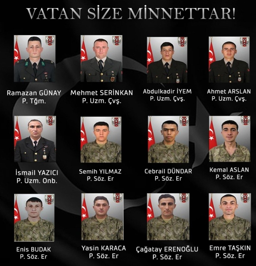 12 Can, 12 Evlat, 12 Şehit....
İsimsiz değil onlar!
Her birinin ismi yazılmalı her yere...
Hakkınızı helal edin.

Rahmet olsun
Dua ile...