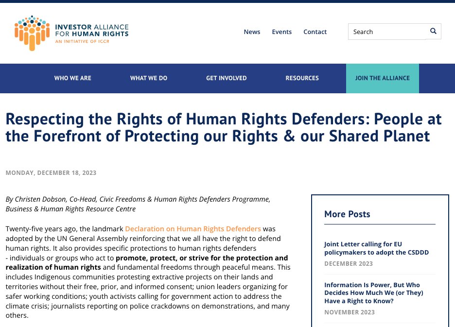 'Addressing reprisals after they occur is insufficient. Investors should adopt a preventive approach—including risks to #HRDs in their risk assessment processes & monitoring through ongoing stakeholder engagement'

Christen Dobson ✍️ @investforrights 👉 investorsforhumanrights.org/news/respectin…