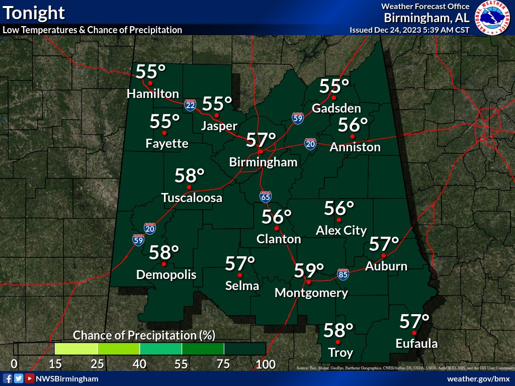 Christmas Eve Forecast: Clouds are increasing ahead of a system which will bring widespread rain to the area tonight and into Christmas Day. 🌧 Rain may begin as early as this afternoon across the southwest. Highs will be in the 60s with overnight lows in the 50s. #alwx