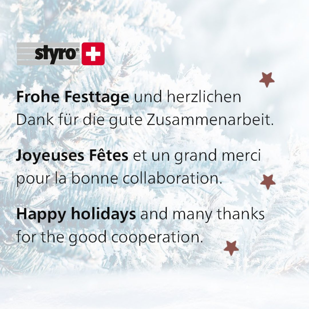 styroag's tweet photo. Das #styro-Team aus #Steinen wünscht allen wunderschöne und erholsame #Weihnachten und ein erfolgreiches neues #Jahr. Unser Betrieb bleibt bis Montag, 1. Januar 2024 geschlossen 🎄 https://t.co/ZHR9kABUmS