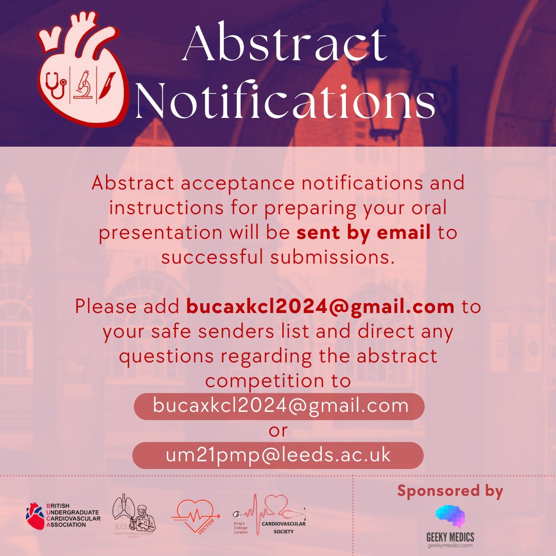 Submit your abstracts for the 10th International Undergraduate Cardiovascular &amp; Cardiothoracic Conference!!

Theme "Evidence-based practice in Cardiovascular specialities: from bench to bedside"

Deadline: Monday 29th January 2024 11.59pm (BST)
Link: forms.gle/RvjXZEtzLSRpyg…
