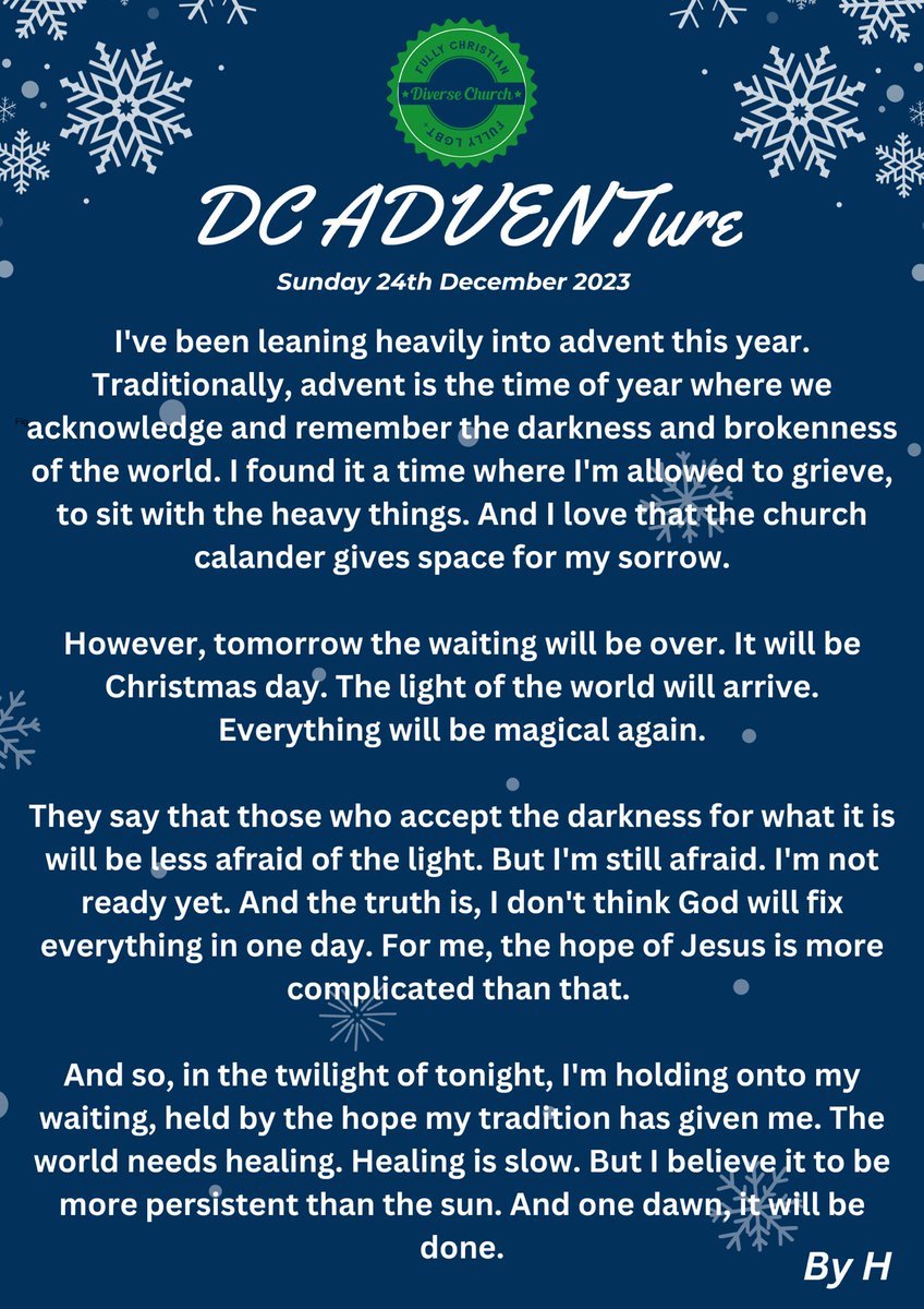 Diverse_Church's tweet photo. The #DCADVENTure for today, Christmas Eve, is so beautifully honest. As I read this, and looked at the moving photos that H shared, my heart, mind and soul were cracked open in ways that were so needed. May this reflection reach you wherever you are, in whatever ways you need. https://t.co/by1FrzeMe4