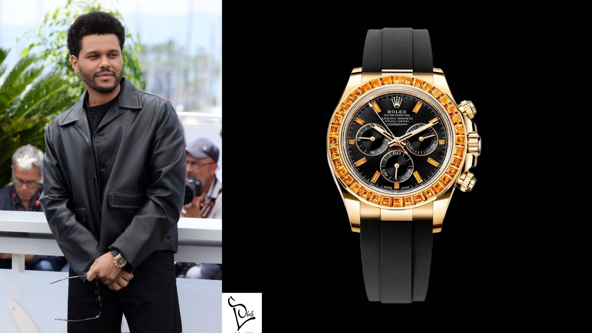 Luxury Shots on X theweeknd is wearing an out of catalogue rolex Daytona in 18k yellow gold featuring a zesty bezel with 32 baguette cut orange sapphire and a black dial set with