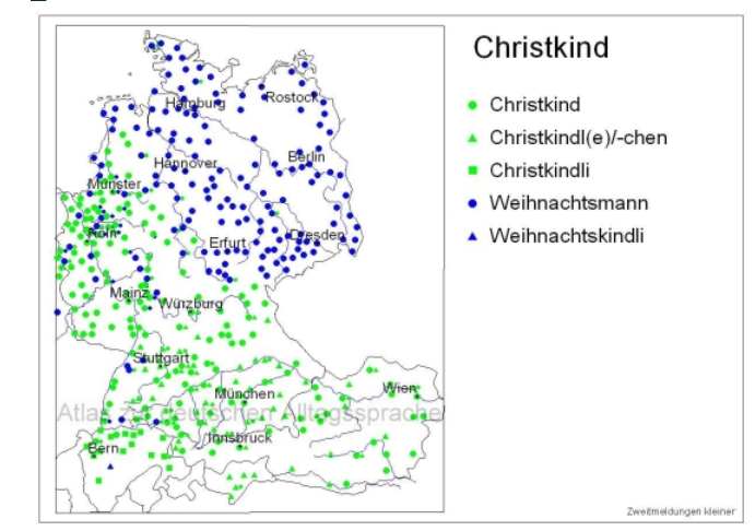 Heute beginnt die Weihnachtszeit und viele werden Geschenke bekommen - vom Christkind oder vom Weihnachtsmann. Wer vom Weihnachtsmann beschenkt wird, wird eher im Norden und Osten des deutschsprachigen Raums wohnen. Das Christkind kommt im Süden. Wo auch immer: Frohe Weihnachten!