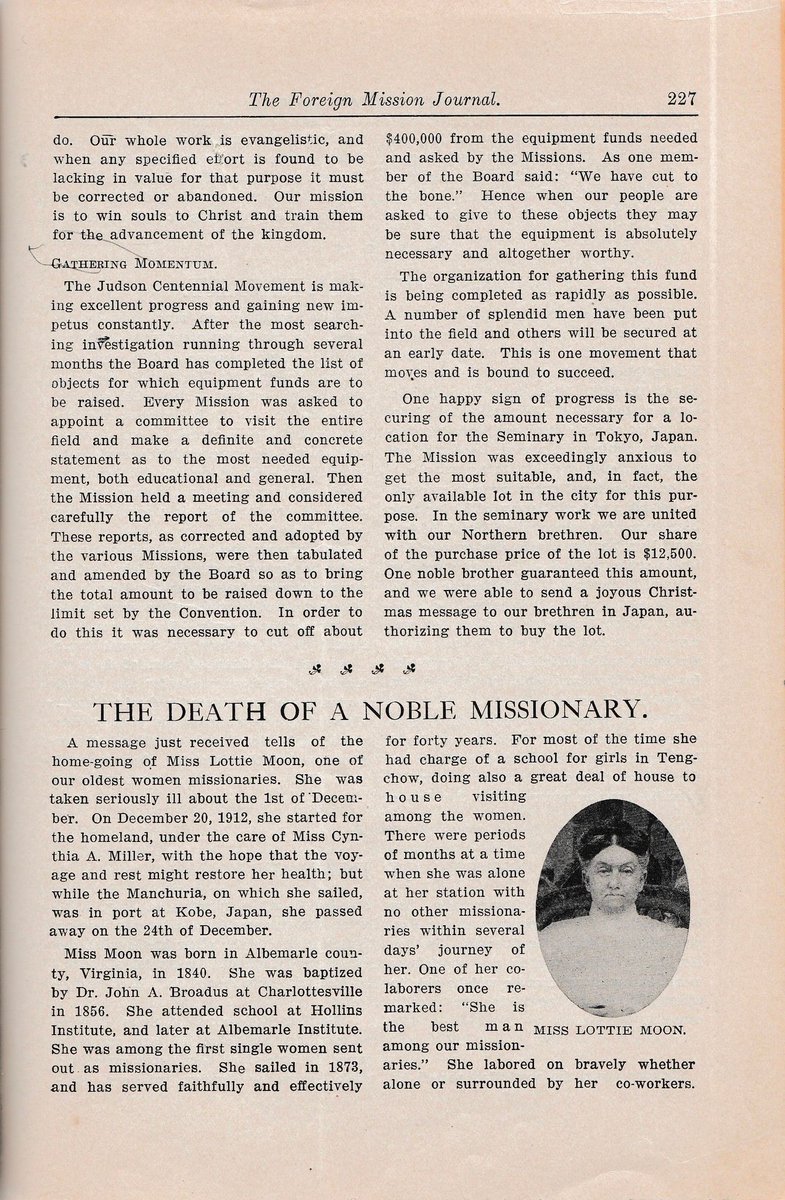 OTD in 1912 Lottie Moon died in Japan while attempting to return under poor health. In 1913 the Foreign Mission Journal of <a href="/IMB_SBC/">IMB</a> reported on her death  the month before. “She labored on bravely whether alone or surrounded by her coworkers.”