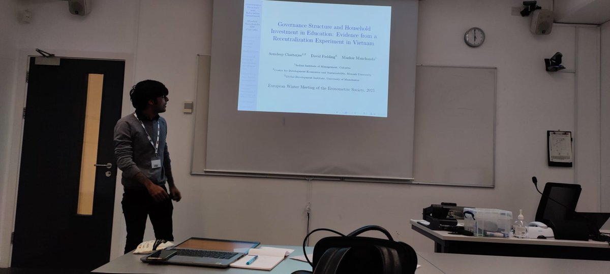 Delighted to have presented our paper on Recentralization in Vietnam (joint w/ <a href="/somdeepc/">Somdeep Chatterjee</a> &amp; David Fielding) in my first ever conference at the European Winter Meeting of the <a href="/econometricsoc/">The Econometric Society</a> (#EWMES2023), Manchester. Great feedback and invaluable comments all around!