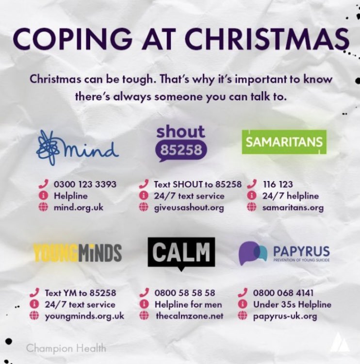 Christmas can be a difficult time for a lot of people.

Nobody should feel alone or suffer in silence.

There are many helplines with trained staff ready to listen.