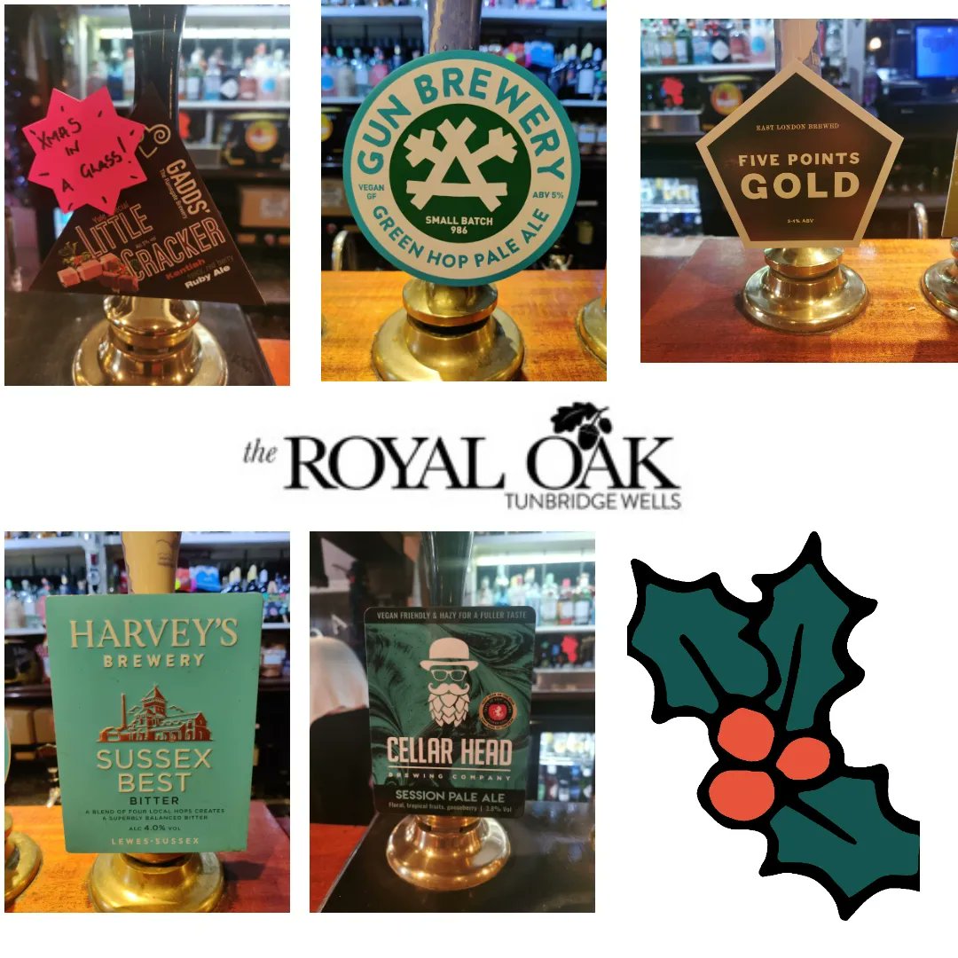 TheRoyalOakTW's tweet photo. Christmas Eve @theroyaloaktw brings you guest ales from #harveysbrewery #cellarhead #gaddsbrewery #gunbrewery &amp; #fivepointsbrewingco &amp; live music from Harry Whitty from 5-9. #westkentcamra #realale #realalefinder #livemusic #twmusic #localmusic #twevents https://t.co/XOhYhwqq9j