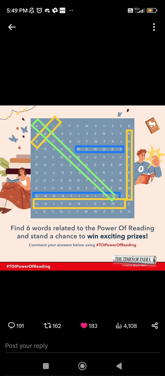 ranilkumar6300's tweet photo. @TOIPwrOfReading Thank you @TOIPwrOfReading  for amazing 
Contest 😍

Wish to win ❤🤞

1) CREATIVITY
2) KNOWLEDGE 
3) MEMORY
4) IMAGINATION 
5) JOY
6) VOCABULARY 

#TOIPowerOfReading
#TheTimesOfIndia #Books #reading #BookRecommendations

Tag
@suraj1990418452  @v7973561  @ravi62792630464 https://t.co/C0Fpx6DJJT