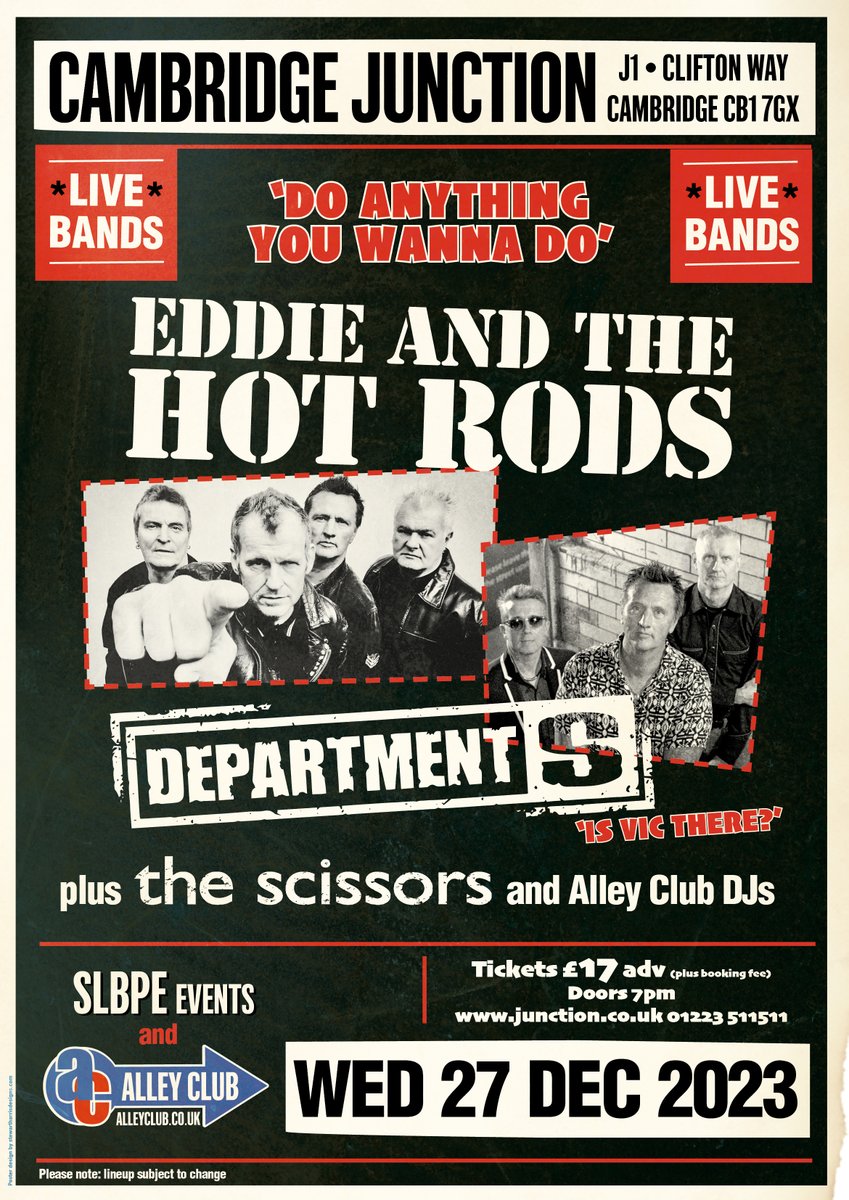 Look what's on at <a href="/CambJunction/">Cambridge Junction</a> on Weds... thanks to <a href="/TheAlleyClub/">The Alley Club</a> 
<a href="/EddieHotRods/">Eddie & The Hot Rods</a> <a href="/Department_S_/">Department S</a> <a href="/scissorsuk/">The Scissors (UK)</a> .
Then on Thursday we meet at <a href="/ThePortlandArms/">The Portland Arms</a> for the Cambridge launch of our Leeks and Beets album.