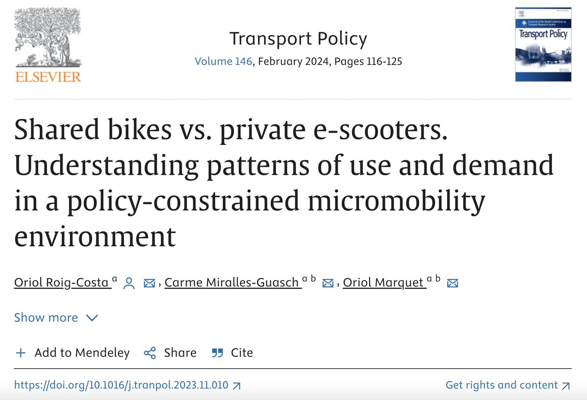 Intriguing conclusion from this study of micromobility users in Barcelona:

"Shared bikes have a higher potential [than privately owned e-scooters] to keep users away from cars."

doi.org/10.1016/j.tran…