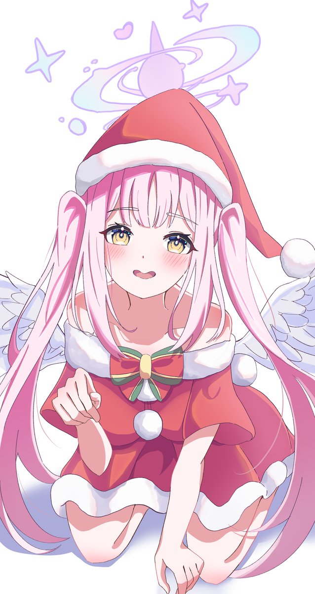 mika (blue archive) 1girl hat pink hair wings santa hat solo yellow eyes  illustration images