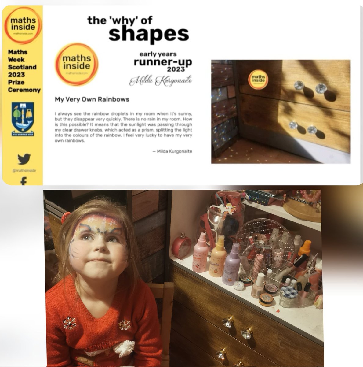Vitalij24742254's tweet image. No rainbow today, but still a beamingly happy child! Milda was incredibly proud of her runner-up place in this  competition. #mathsinside @mathsinside @mathsweekscot @edscot_maths @STEMscotland @floraspc