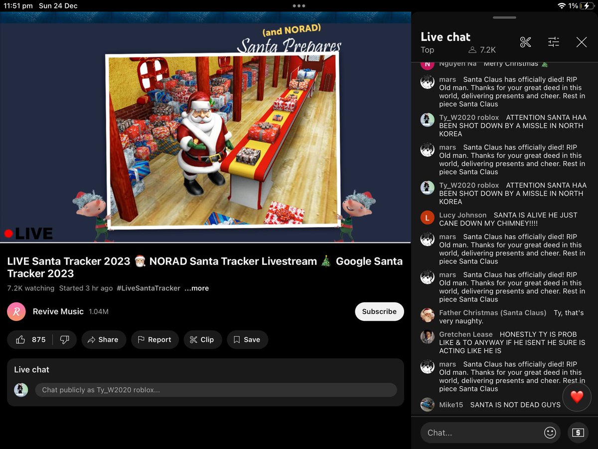 uncleCraft's tweet photo. @NoradSanta All these people get so mad when someone floods chat I swear to god do they not know that Santa’s a myth. https://t.co/KcZlP4I673