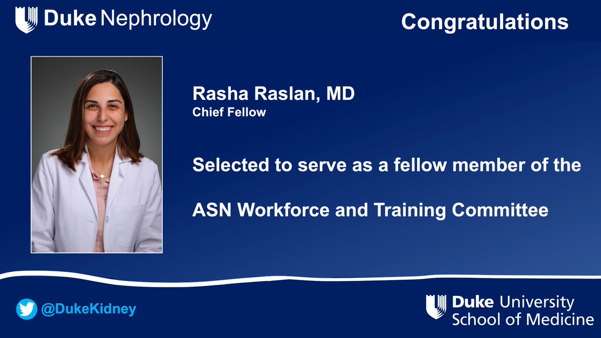 Duke Kidney (@dukekidney) on Twitter photo Congrats to Chief Fellow Dr Raslan, who was selected to serve as a fellow member of the
<a href="/ASNkidney/">American Society of Nephrology</a> Workforce and Training Committee
#NephForward Congrats to Chief Fellow Dr Raslan, who was selected to serve as a fellow member of the
<a href="/ASNkidney/">American Society of Nephrology</a> Workforce and Training Committee
#NephForward