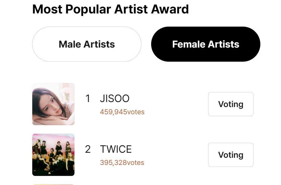📢GDA 2023

Mass Voting has started BLINKS! Let's widen our lead more. Vote with us now!

Gap: 64617

Vote: music.bugs.co.kr/favorite
#BLACKPINK <a href="/BLACKPINK/">BLACKPINKOFFICIAL</a>