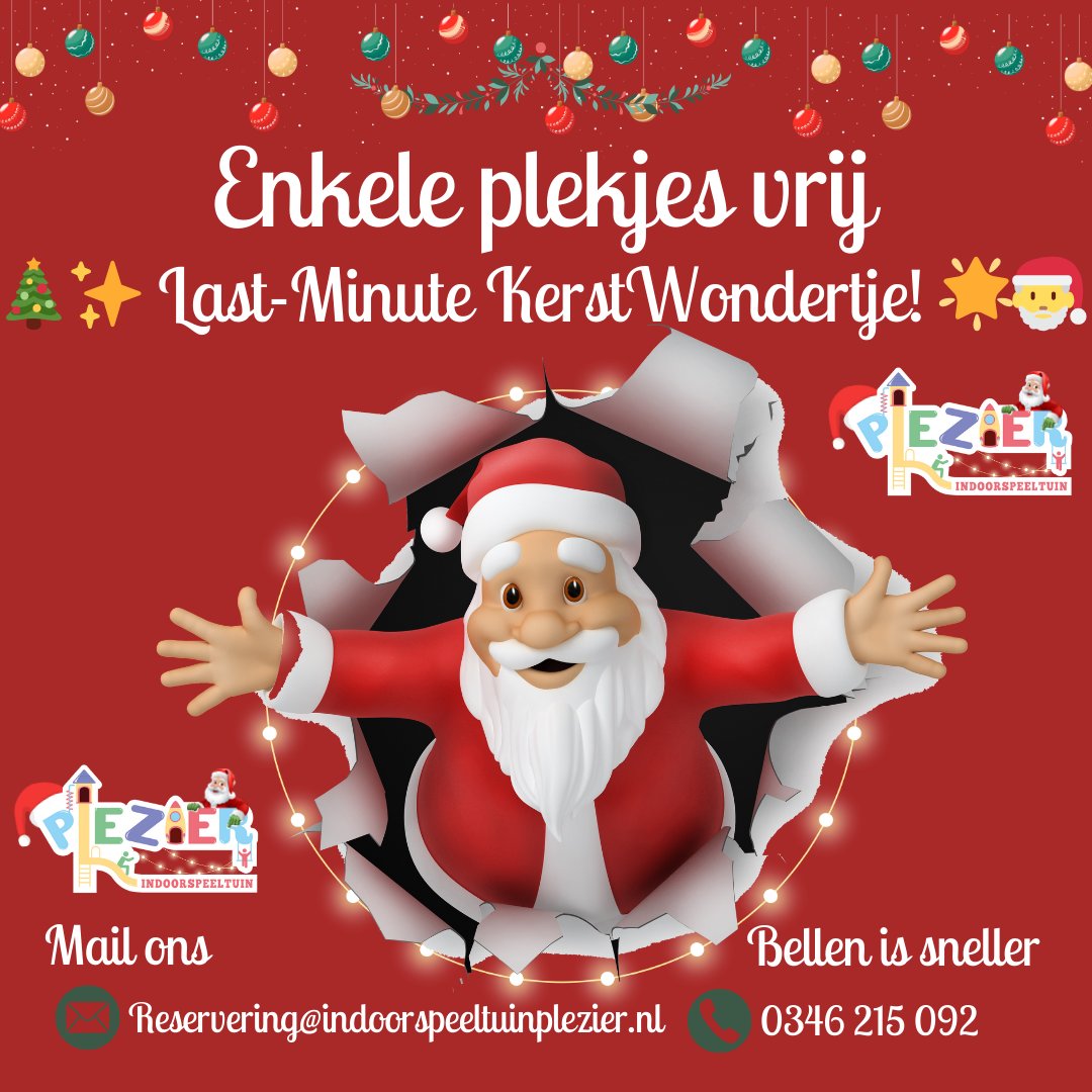 🎄✨ Last-Minute KerstWondertje! 🌟🎅
🧝‍♂️🎁 We hebben een paar last-minute afzeggingen gehad, en raad eens? Er zijn nu enkele plekjes vrij voor een feestelijke Kerst bij Indoorspeeltuin Plezier! 🥳
Mail: reservering@indoorspeeltuinplezier.nl 
Bel:  Bellen  +31346215092
