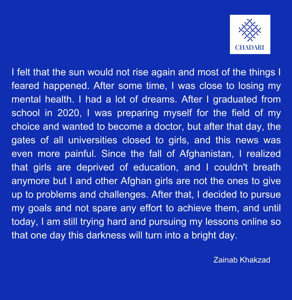 Their Stories should be read, and their Voices heard! Zainab shares her journey of shattered dreams, loss of hope and the determination to overcome the barriers imposed on her by pursuing online learning. #LetAfghanGirlsLearn #WomenEmpowerment