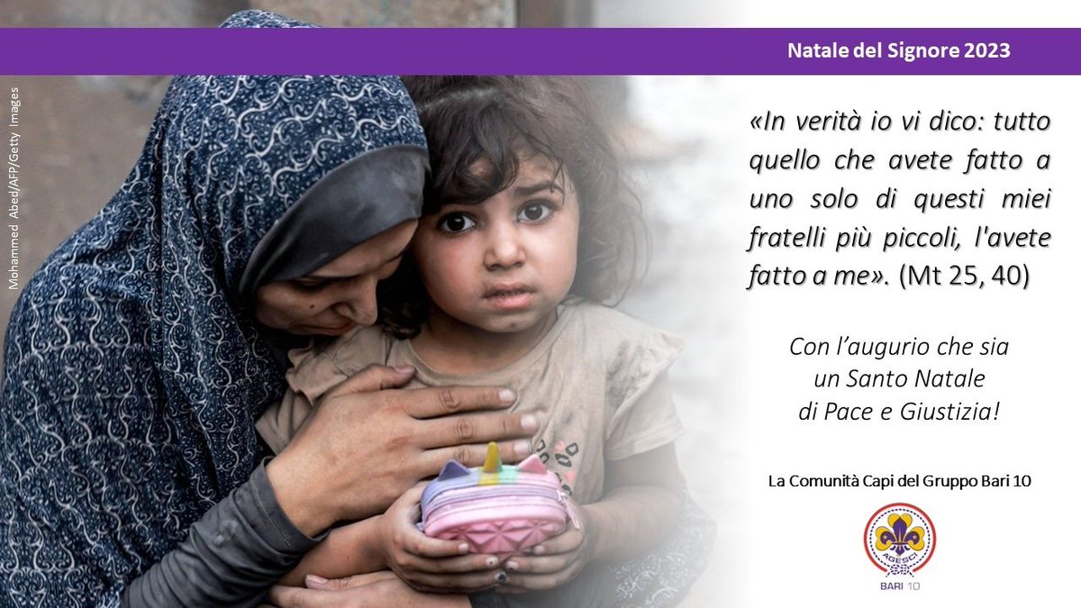 AGESCI_BARI10's tweet photo. I Capi e le Capo del Gruppo #Agesci_Bari10 augurano a tutti i nostri ragazzi e ragazze e alle loro famiglie di vivere un sereno Santo Natale senza dimenticare gli ultimi, i bisognosi, gli assetati di giustizia, gli oppressi ai quali il Bambino di Betlemme volle farsi simile. https://t.co/0AV0VTlg1G