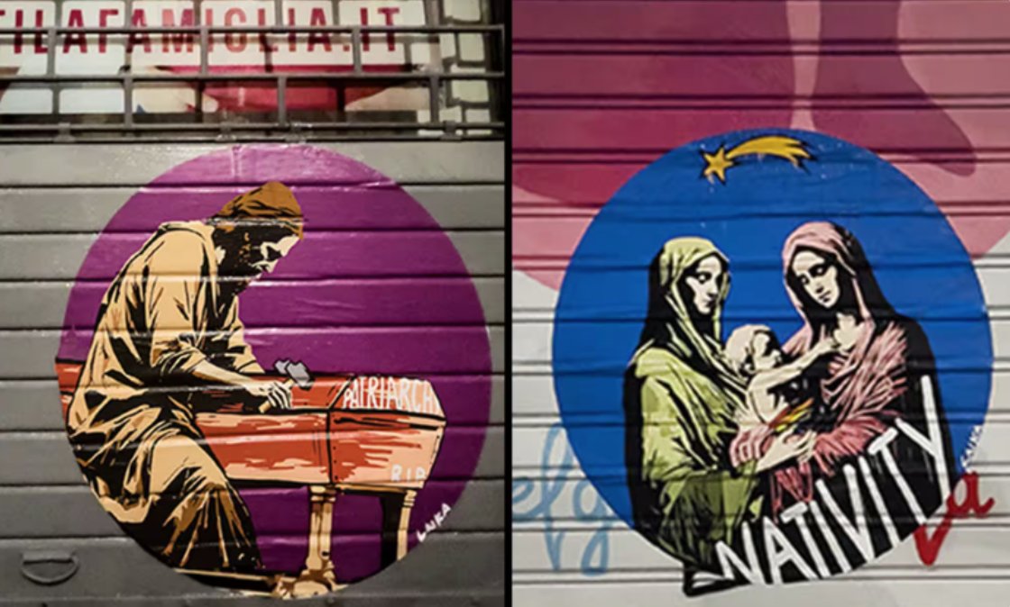 ProVitaFamiglia's tweet photo. BUON NATALE
AI NOIOSI ARTISTI
DI REGIME

Vogliamo ringraziare la sedicente street artist "Laika" per il murales con cui nella Vigilia di Natale ha imbrattato la serranda della sede nazionale di @ProVitaFamiglia a Roma, appena ripristinata dopo l'assalto del 25 novembre, per sfogare la sua frustrazione sfascio-femminista.

Rappresentando con ormai poca originalità un blasfemo presepe arcobaleno con ‘due Madonne’, ci ricorda che, nella realtà dei fatti, i figli nascono solo grazie a un uomo e una donna, una verità di natura che nessun atto vandalico potrà mai nascondere, con buona pace delle strampalate tesi della compianta Michela Murgia, a cui lo scarabocchio è dedicato.

Fanno molta tenerezza questi artisti mascherati che, pensando di compiere blitz dal grande contenuto provocatorio e rivoluzionario, sono solo l'ennesimo latrato del più omologato pensiero politicamente corretto, per fortuna sempre più inviso alla maggioranza dei cittadini anche grazie a queste patetiche bambinerie.

Quanto all’immagine di 'San Giuseppe' che intaglia una bara per il famigerato ‘patriarcato’, dipinta sempre da Miss Frustrata Mascherata, dovremo ovviamente segnalare alla Digos l'ennesimo riferimento alla morte che ci viene rivolto da attivisti politici di estrema sinistra.

Buon Natale Laika, per il 2024 ti auguriamo tanta serenità, e almeno un pizzico di creatività in più.