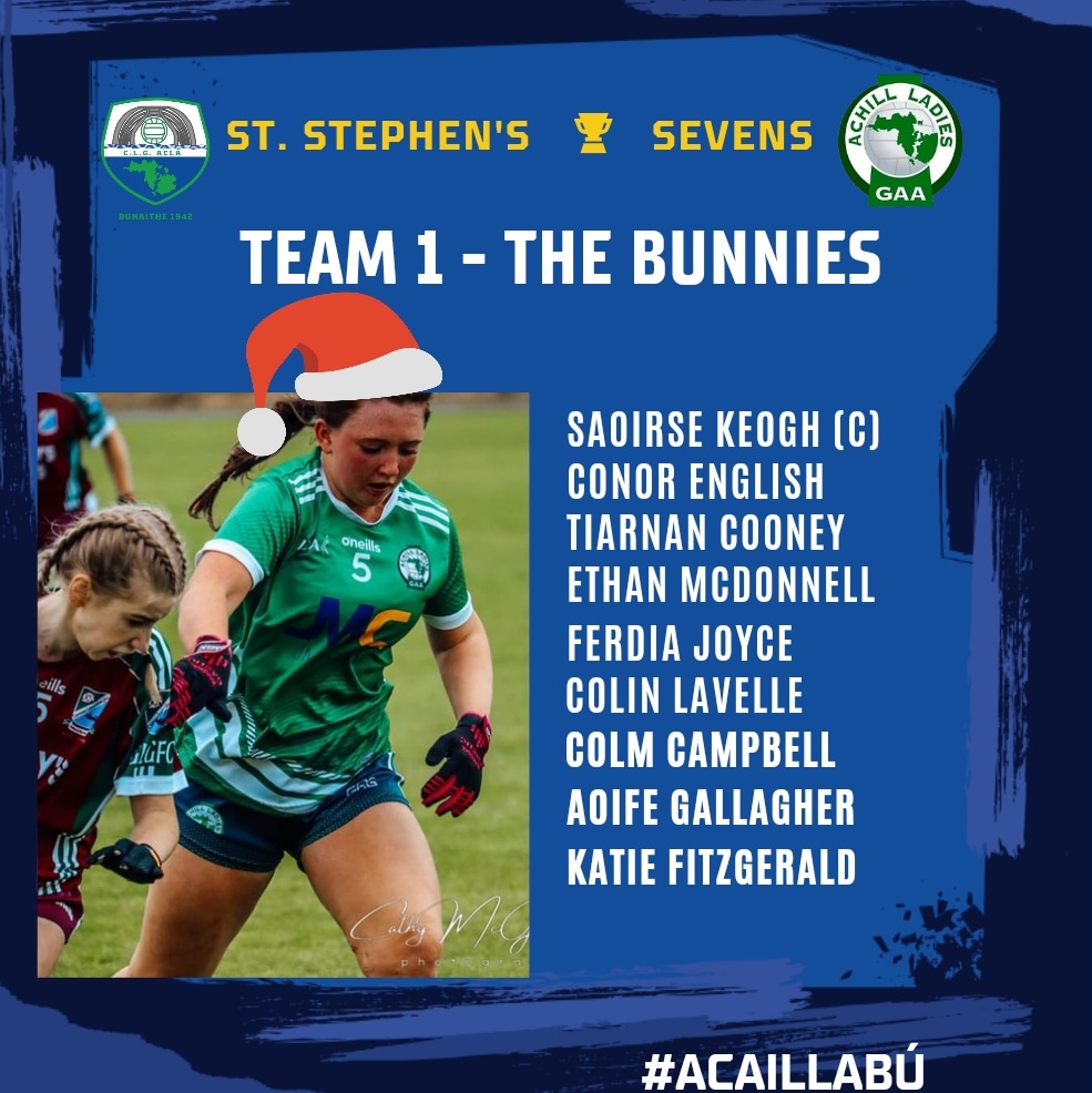 St. Stephen's Day Sevens Team announcement 1 - The Bunnies. Make sure to come along for all the festive fun from 11:30am on St. Stephens Day. Watch out for more team announcements later today. #achillgaa #gaa #stephensday #acaillabú #lgfa