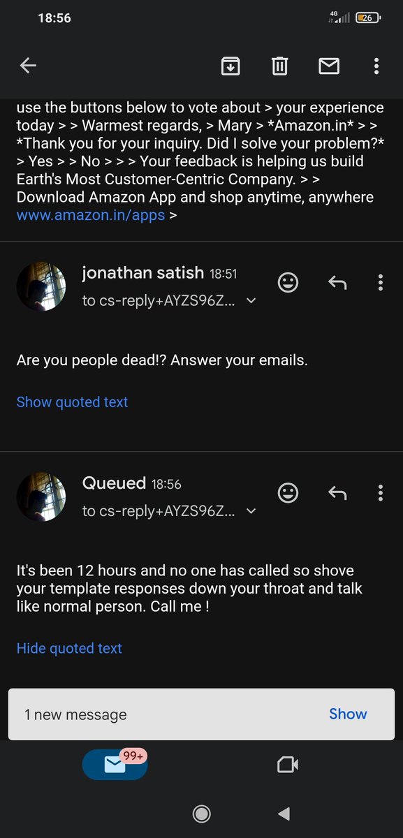 JonathanSatish's tweet photo. All I get is a template response that no one has fulfilled. TALK  @amazonIN TALK WHAT ARE YOU SHY ABOUT? YOUR INCOMPETENCY? Relax nobody is perfect but atleast TALK! https://t.co/l2d1GDT8WV