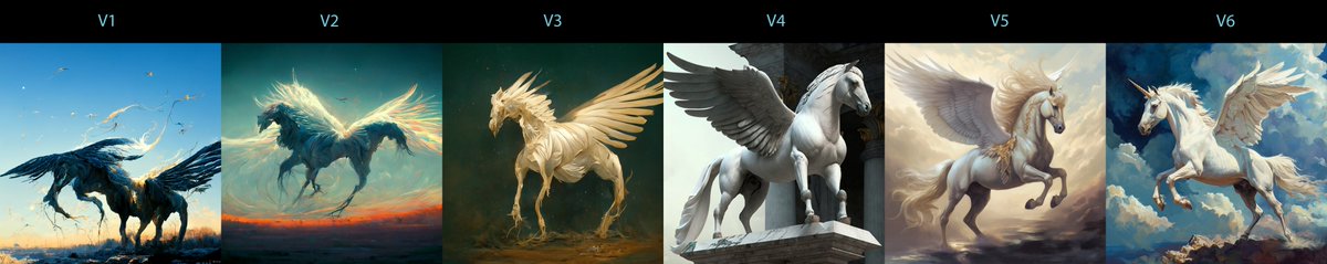 Midjourney just released early version of V6. I did quick "Pegasus --seed 42" test across past versions and it shows what long journey they went. Notable quality improvements were observed during the V4 release, amidst speculations of a shift to a Stable Diffusion backbone.