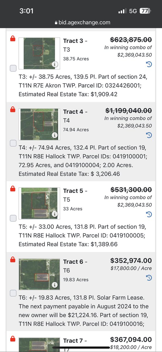 RuralJEM's tweet photo. @BrianSanden8 @buggy_ridge Found this sale interesting.  Existing solar &amp; additional phases planned vs not.  T6 19.83 acres with solar currently on it is getting $21,224.16 w/ 2% increase per yr. T1 &amp; T7 will have min of $30,000 per yr with 2% increase.  T1 49.68 A -T7 20.17 A.  PI 131.8-140 https://t.co/kPqFVH2v2u