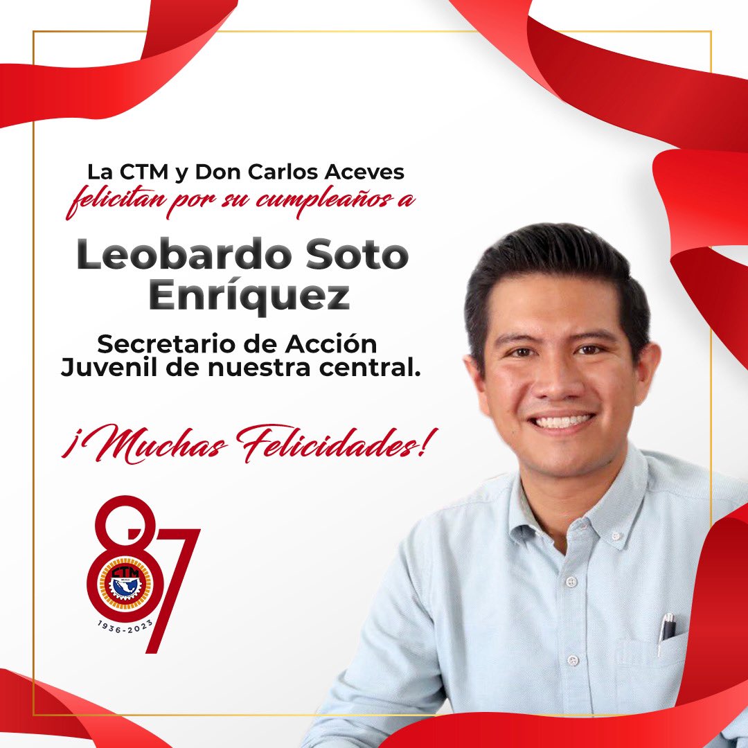 De parte de la familia cetemista y del Comité Nacional, felicitamos por su cumpleaños a <a href="/_LeoSoto/">Leo Soto Enríquez</a>, Secretario de Acción Juvenil de nuestra central.  

¡Deseamos que pase un gran día en compañía de su familia, amigos y seres queridos!