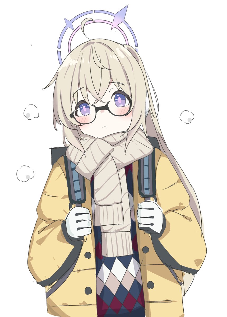 1girl solo glasses halo white background scarf long hair  illustration images