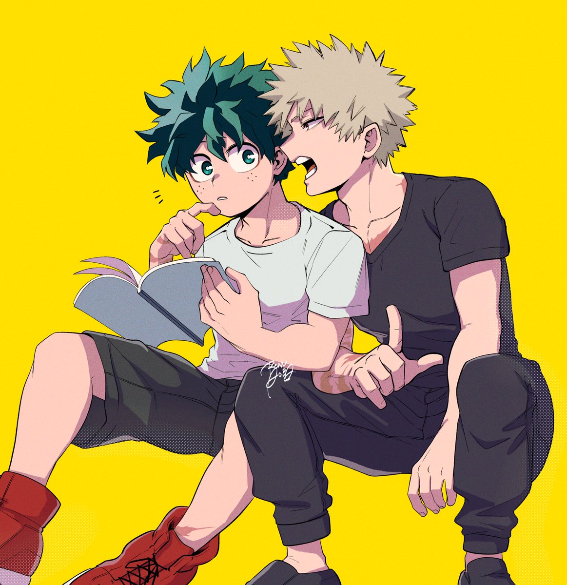 bakugou katsuki ,midoriya izuku multiple boys male focus 2boys shirt blonde hair freckles green hair  illustration images