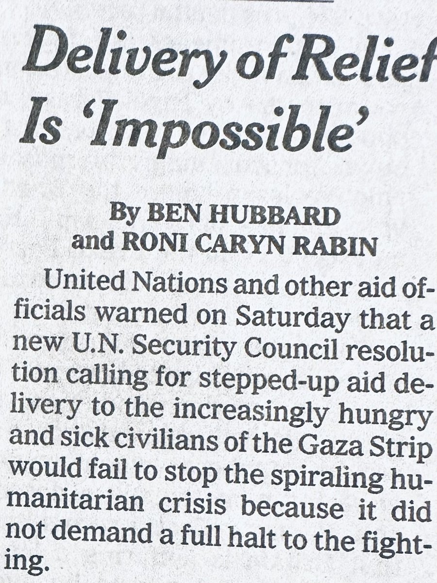 jjz1600's tweet photo. Two quotes from a NY Times piece headlined “UN Resolution does little for Gaza w/out truce.” Two points:
- because US won’t agree to ceasefire, aid can’t get through;
- w/ ongoing Israeli airstrikes Palestinians find “no place is safe, no where to go.” https://t.co/YMD6ESbRdc