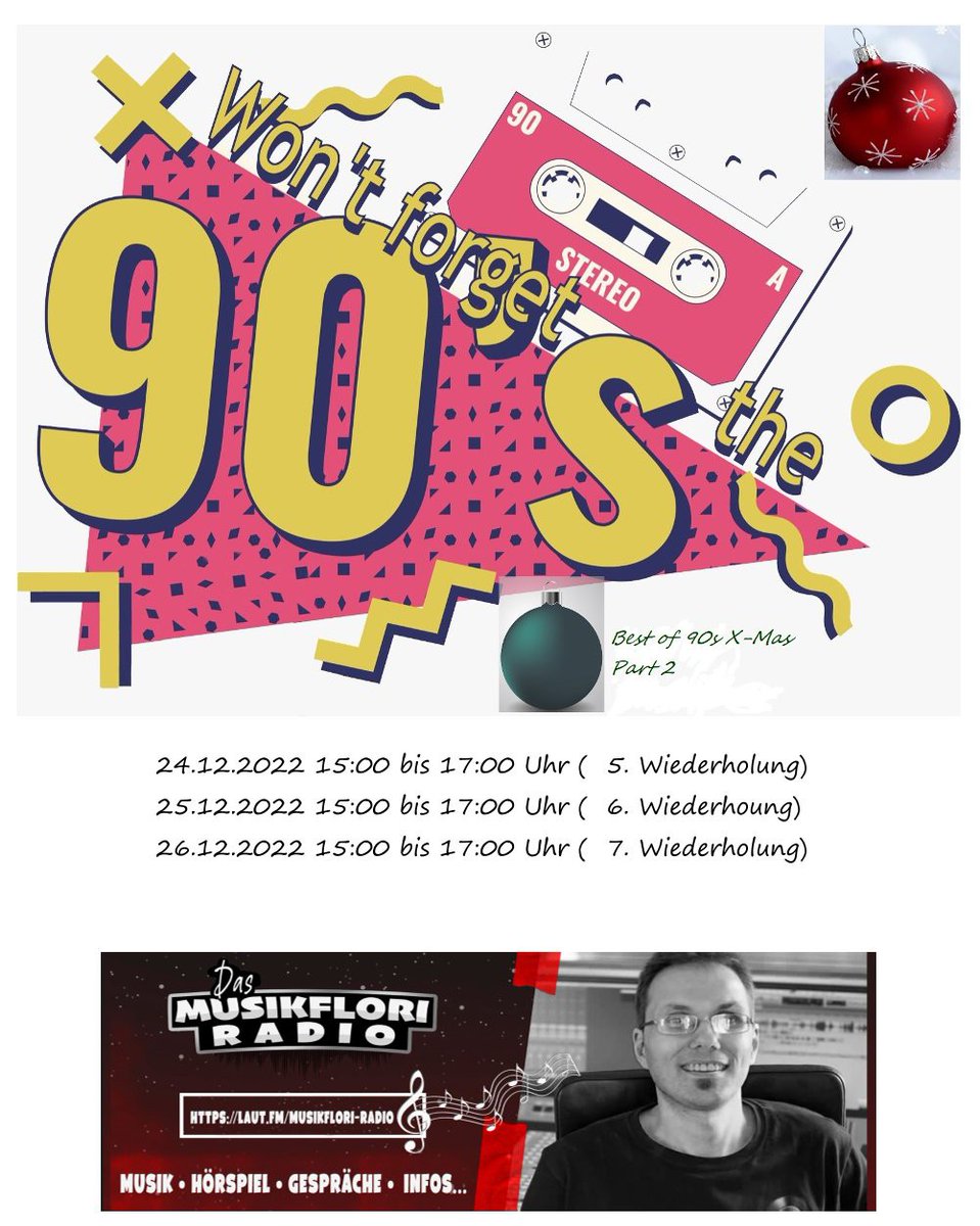 Ihr seid noch nicht in Weihnachtsstimmung?
Kein Problem, dann schaltet doch von 14:00 bis 16:00 Uhr das zweite <a href="/Won90s/">Won't forget the 90s</a>-X-Mas-Special mit Therese und Florian im <a href="/RadioMusikflori/">Musikflori-Radio</a> ein. 🌲🫶☃️❄️