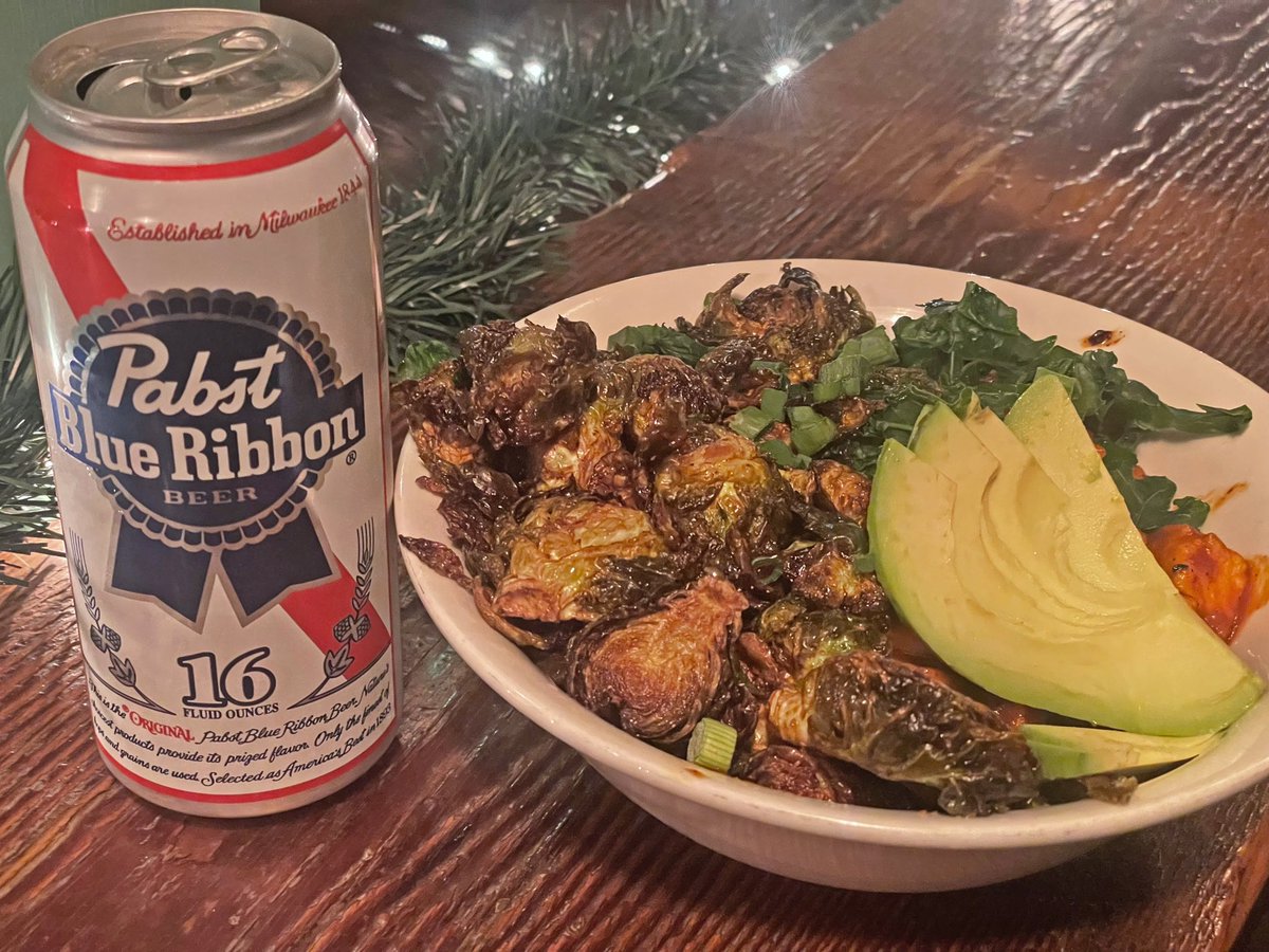 The Brussels Bowl (Tofu, Brussel Sprouts, Kale, BBQ Sauce, Brown Rice & Avocado), & a PBR, at Thunderbird Bar, a Mostly Vegan PDX Bar! #vegan #veganism #veganfood #vegandrink #veganbowl #veganbowls #brussels #brusselsprouts #tofu #avocadolover #avocadoaddict #avocado #avacadoporn