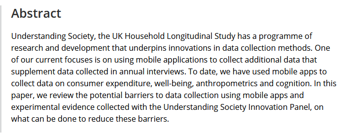 Jon Burton jonburton@bsky.social (@jburton123) on Twitter photo Understanding Society: minimising selection biases in data collection using mobile apps: <a href="/usociety/">Understanding Society</a>, by <a href="/AnnetteJackle/">Annette Jackle</a> <a href="/jburton123/">Jon Burton jonburton@bsky.social</a> & Mick P. Couper. In this paper we review potential barriers to data collection using mobile apps and experimental evidence
doi.org/10.1111/1475-5… Understanding Society: minimising selection biases in data collection using mobile apps: <a href="/usociety/">Understanding Society</a>, by <a href="/AnnetteJackle/">Annette Jackle</a> <a href="/jburton123/">Jon Burton jonburton@bsky.social</a> & Mick P. Couper. In this paper we review potential barriers to data collection using mobile apps and experimental evidence
doi.org/10.1111/1475-5…