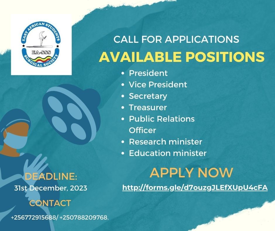 Calling all medical students across East Africa! EASSS is now accepting applications for its executive committee for the term 2023-24. Positions available: President, VP, Secretary, Treasurer, PRO, Research Minister, and Education Minister. Apply now: forms.gle/7ijLZAgCVZeKLw…